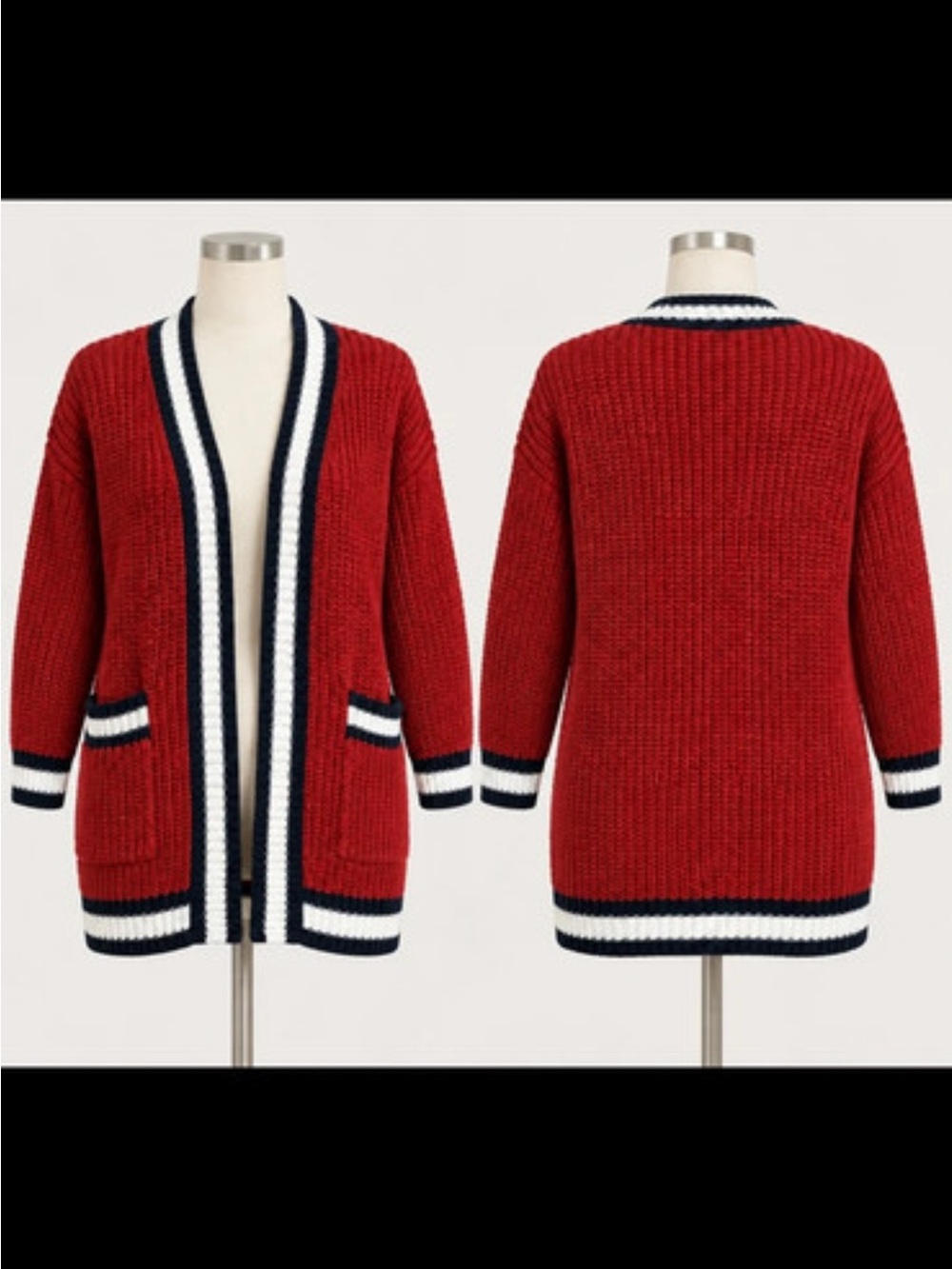 Open-Front Red Knit Cardigan with Navy & White Trim